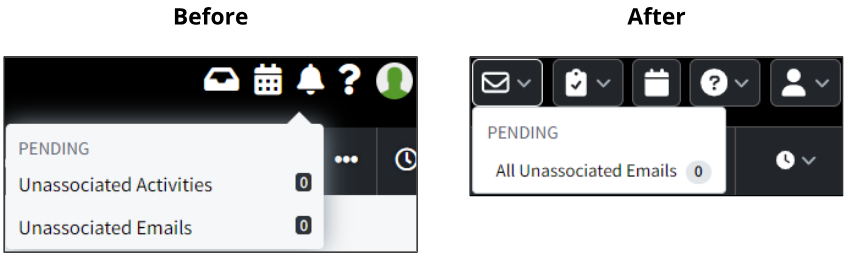 Screenshots showing the changes to the bell icon and menu