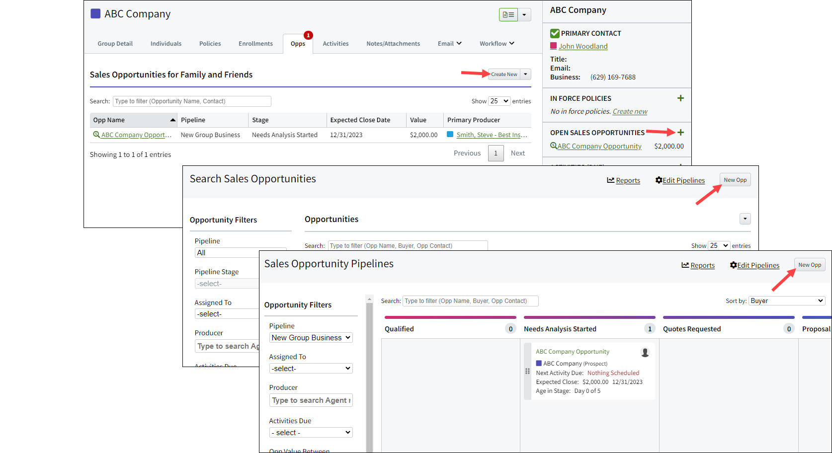 Screenshots showing where you can still create Sales Opportunities using the Group record as an example