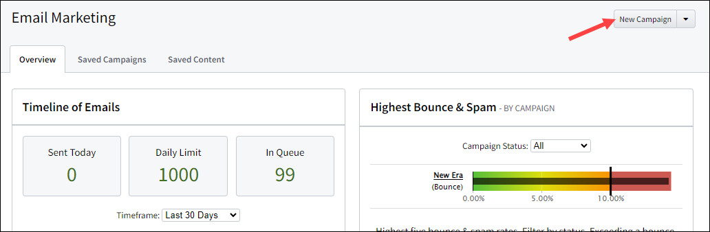 Screenshot showing where you can still create email campaigns on the Email Marketing page