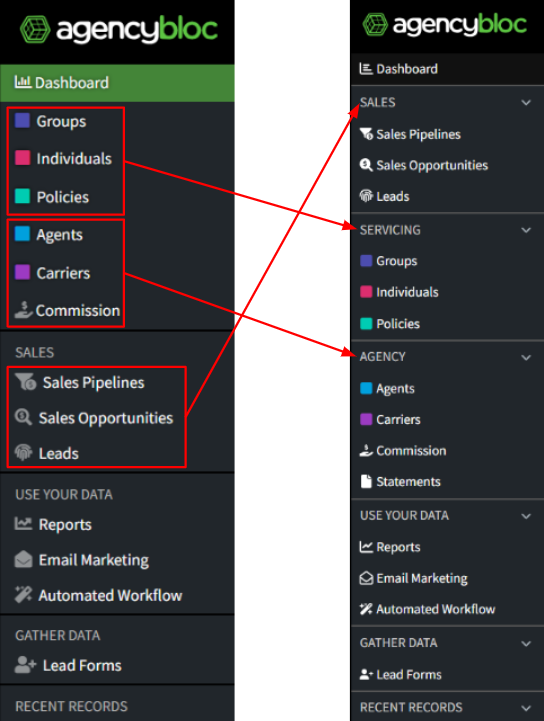 Screenshots showing the changes to the left-hand navigation menu