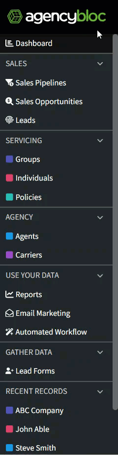 Animated image showing how to collapse and expand sections in the left-hand navigation menu