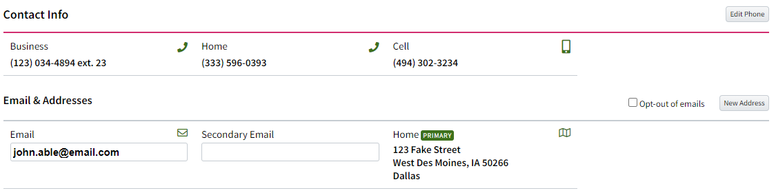 Screenshot showing the contact info sections on an Individual record before the updates
