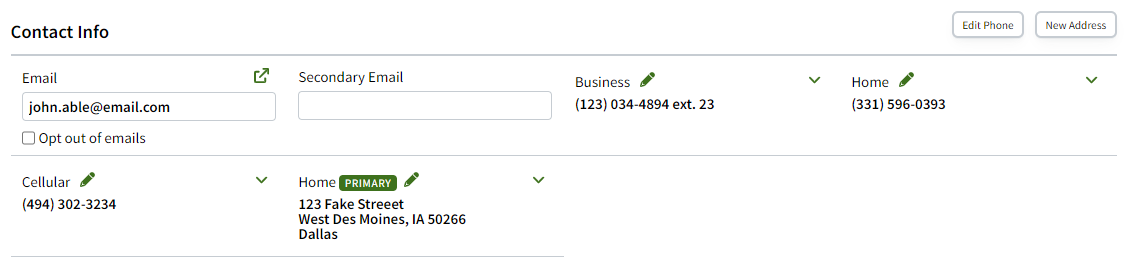 Screenshot showing the contact info sections on an Individual record after the updates