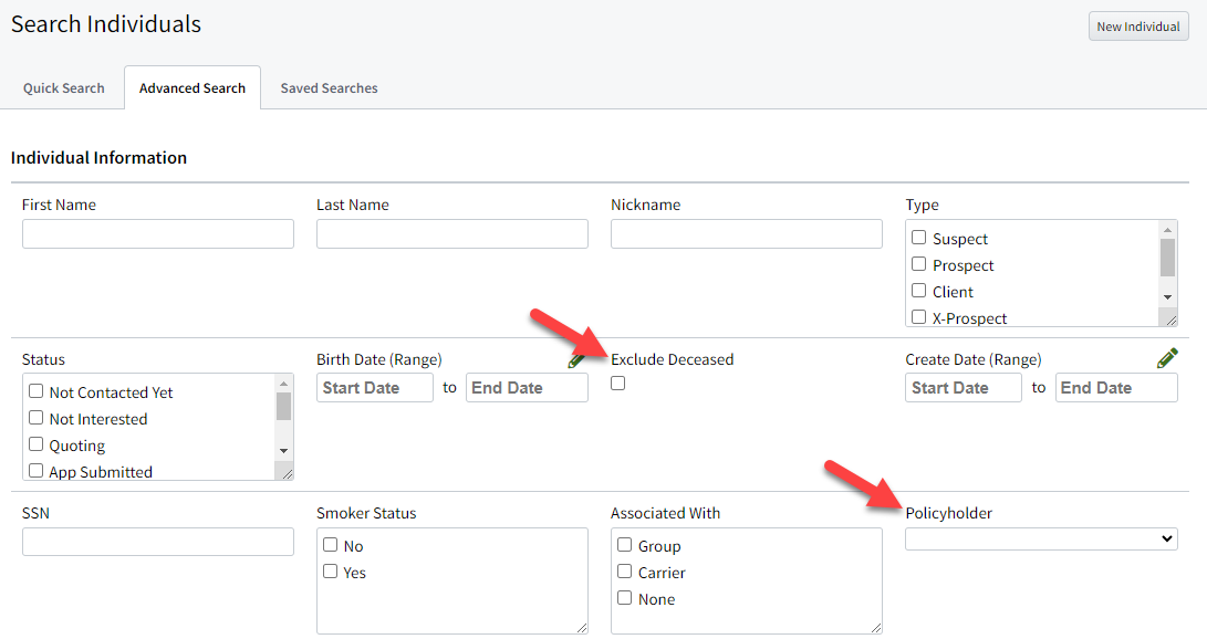 Screenshot showing the new Policyholder and Exclude Deceased Individuals filters