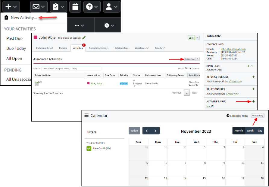Screenshots showing where you can still create Activities