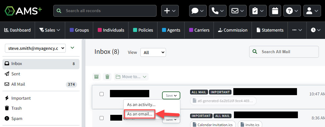 Screenshot showing how to save a message as an email in the Mailbox View