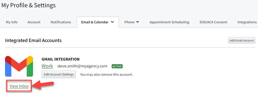 Screenshot showing how to access the Mailbox View for My Profile & Account settings