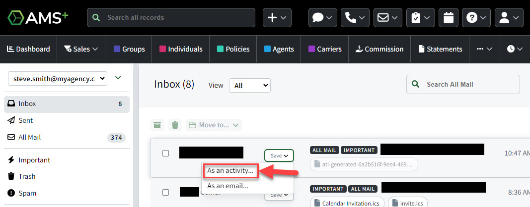 Screenshot showing how to save a message as an Activity in the Mailbox View