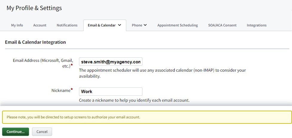 Screenshot showing the Email Integration settings