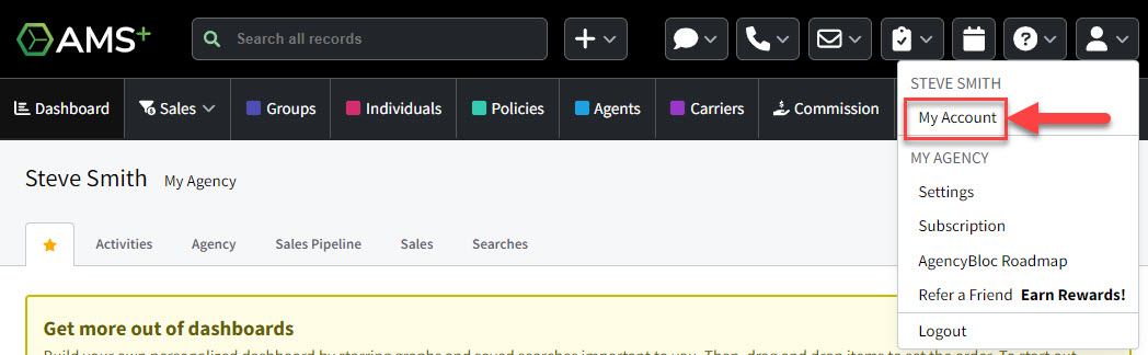 Screenshot showing how to access the user-level account settings
