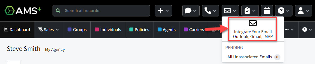 Screenshot showing how to access Email Integration setup from the app header