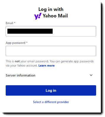 Screenshot showing the login screen for a Yahoo Mail account