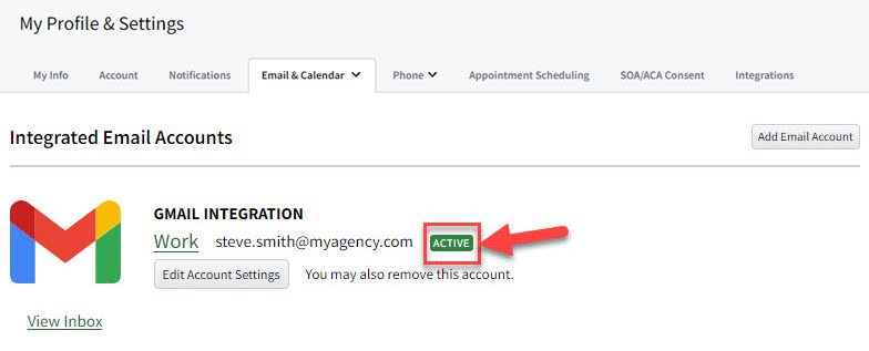 Screenshot showing an account's status on the Email Integration page