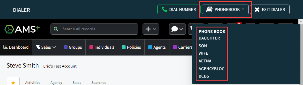 Screenshot showing how to dial a number and the phone book