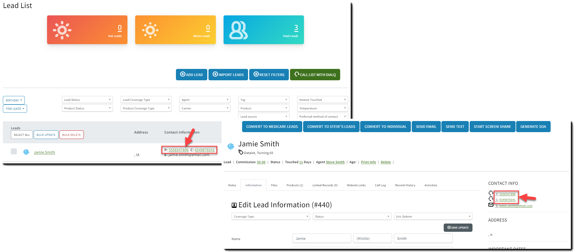 Screenshot showing how to click to dial a phone number on a Lead record and the Lead List