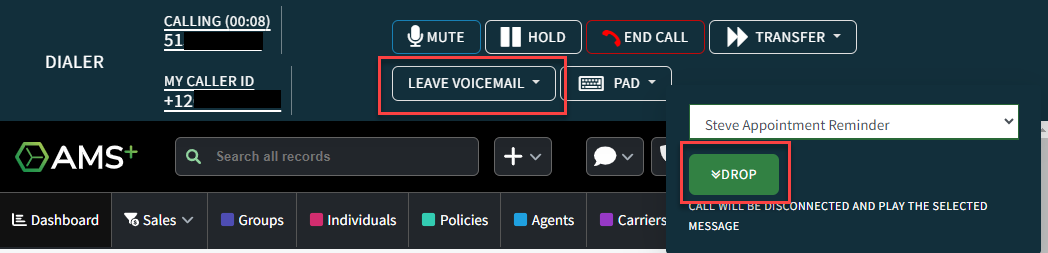 Screenshot showing how to leave a voicemail drop while on a call
