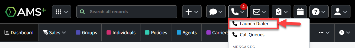 Screenshot showing how to launch the Phone Dialer