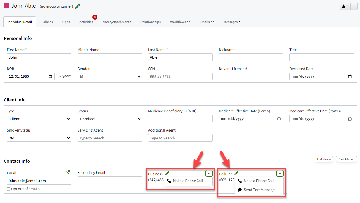 Screenshot showing how to click to dial a phone number on an Individual record