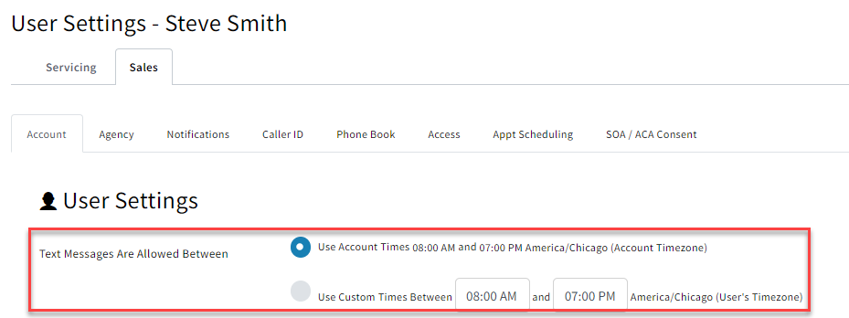 Screenshot showing how to set the times allowable to sen text messages to Leads