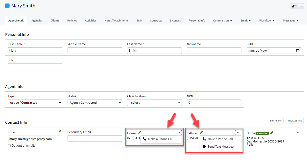 Screenshot showing how to click to dial a phone number on an Agent record