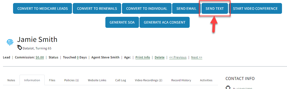 Screenshot showing how to send an SMS text message to a Lead