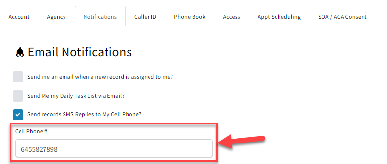 Screenshot showing a cell phone number field that is required for the text forwarding setting