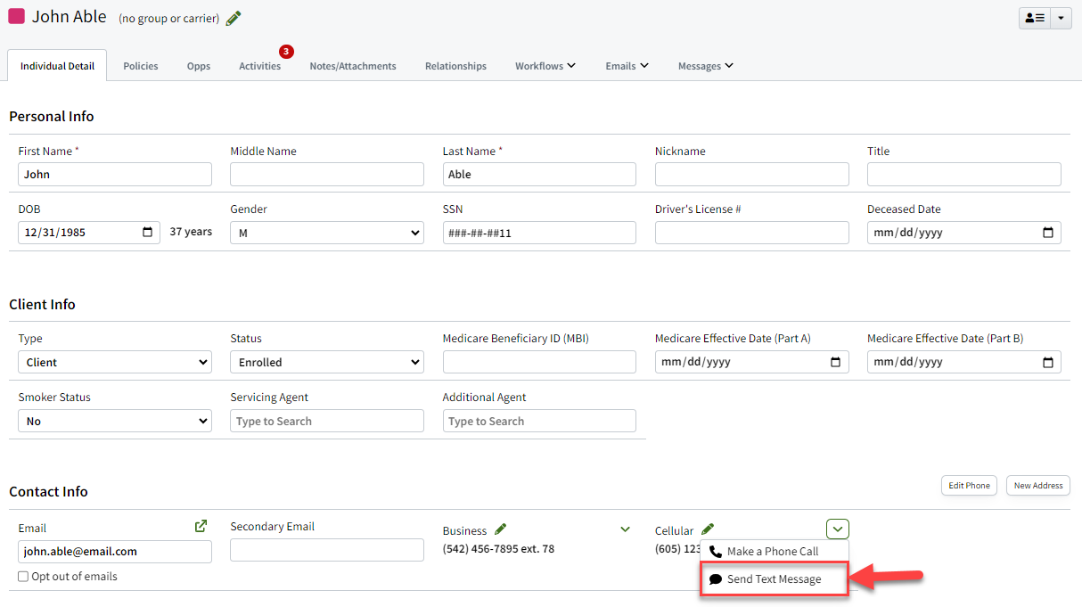 Screenshot showing example of how to click to text an Individual; same applies to Agents