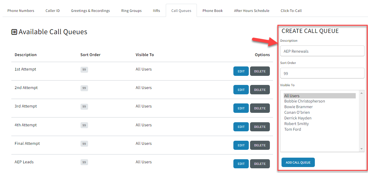Screenshot showing how to create a call queue