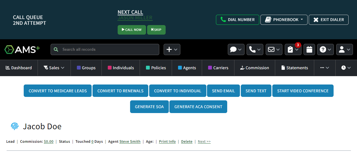 Screenshot showing a call made via DialQ