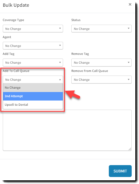 Screenshot showing how to add all selected Lead records in the Leads List to a Call Queue