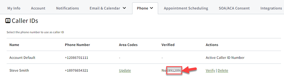 Screenshot showing the 6-digit code for verifying a new caller ID number at the user-level