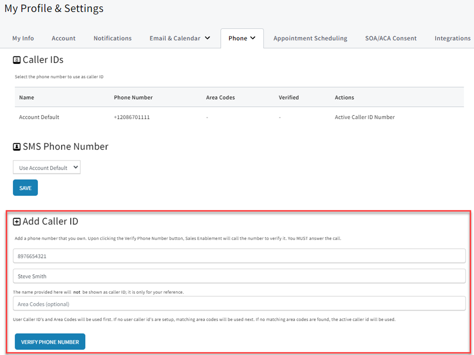 Screenshot showing how to add a new number to caller ID at the user level