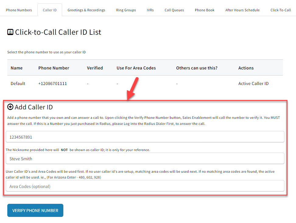 Screenshot showing how to add a new number to caller ID at the account level