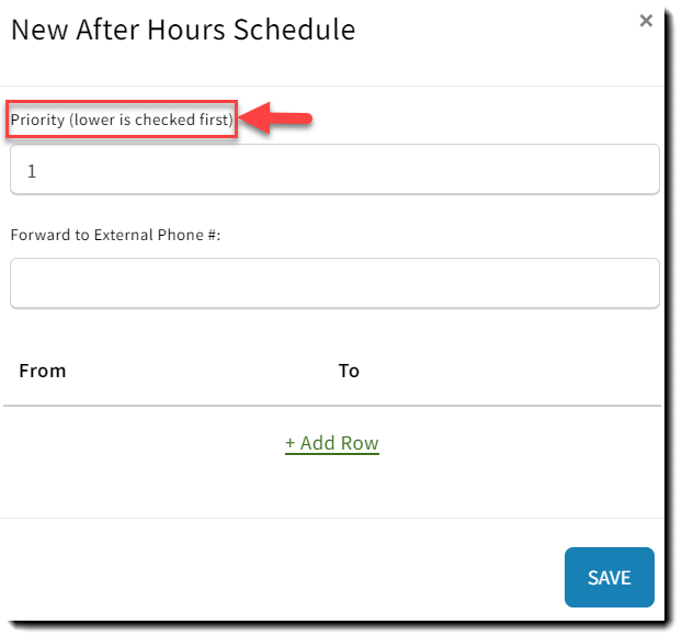 Screenshot showing how to set the priority on a new after hours schedule
