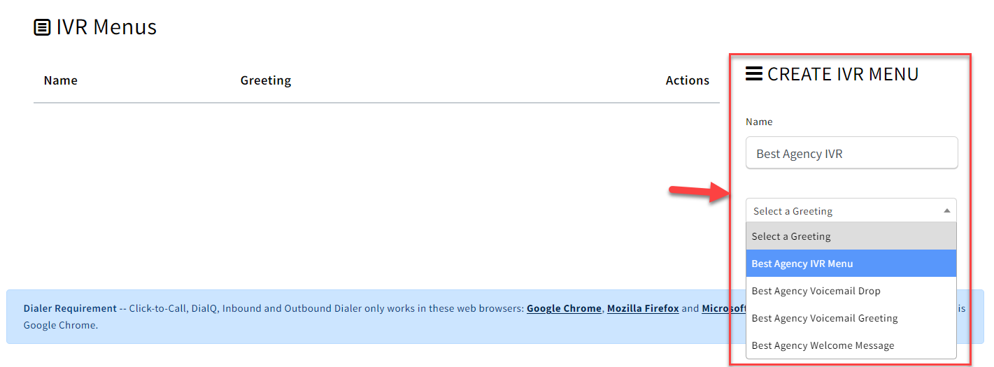 Screenshot showing how to create a new IVR menu