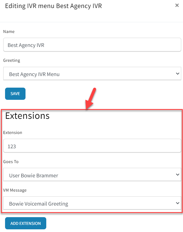 Screenshot showing how to add extension numbers to an IVR menu