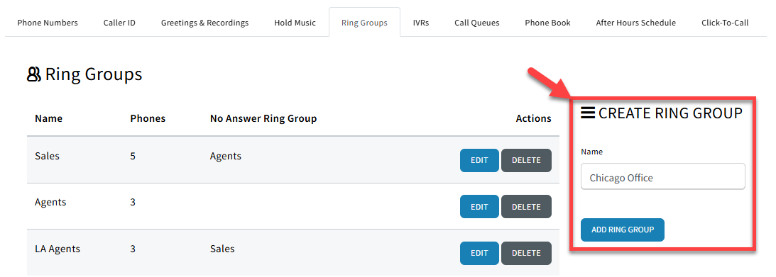 Screenshot showing how to add a new ring group on the Ring Groups tab in Phone Dialer settings