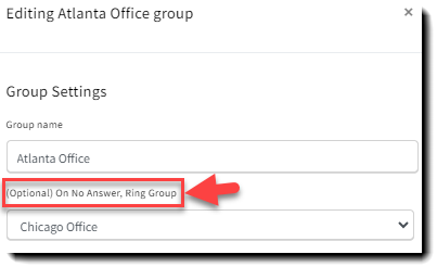 Screenshot showing the call re-direct setting for a ring group