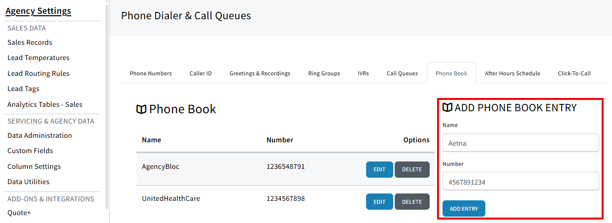 Screenshot showing where to add numbers to the agency-level phone book