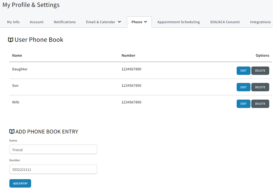 Screenshot showing where to add numbers to the user-level phone book