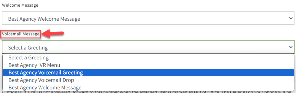 Screenshot showing how to set the voicemail message on a VOIP number
