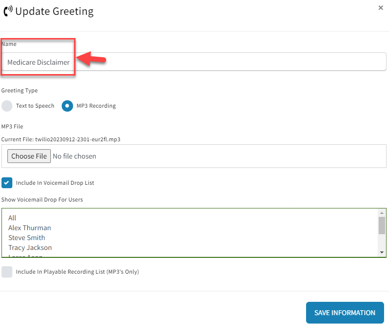 Screenshot showing how to rename a voicemail recording