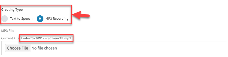Screenshot showing the greeting type of the voicemail recording