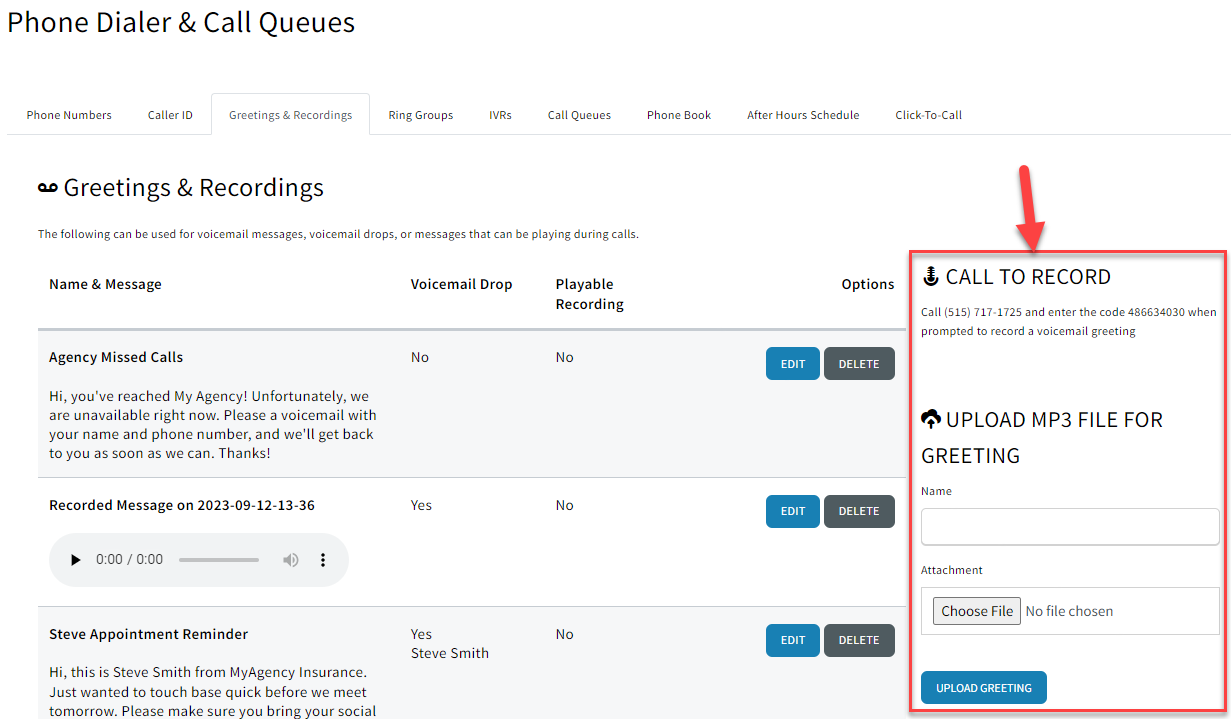 Screenshot showing how to create a new voicemail recording