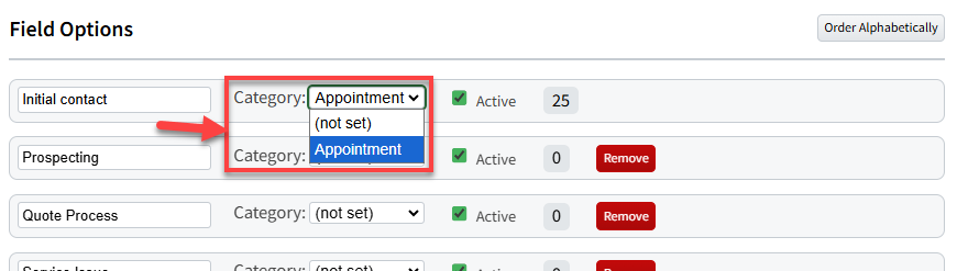 Screenshot showing the Appointment Category for Activity Type Options