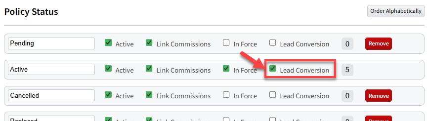 Screenshot showing the Lead Conversion setting for Policy Status Options