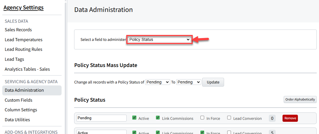 Screenshot showing how to navigate to Policy Status Options