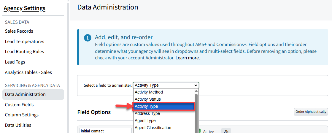 Screenshot showing how to navigate to Activity Type Options