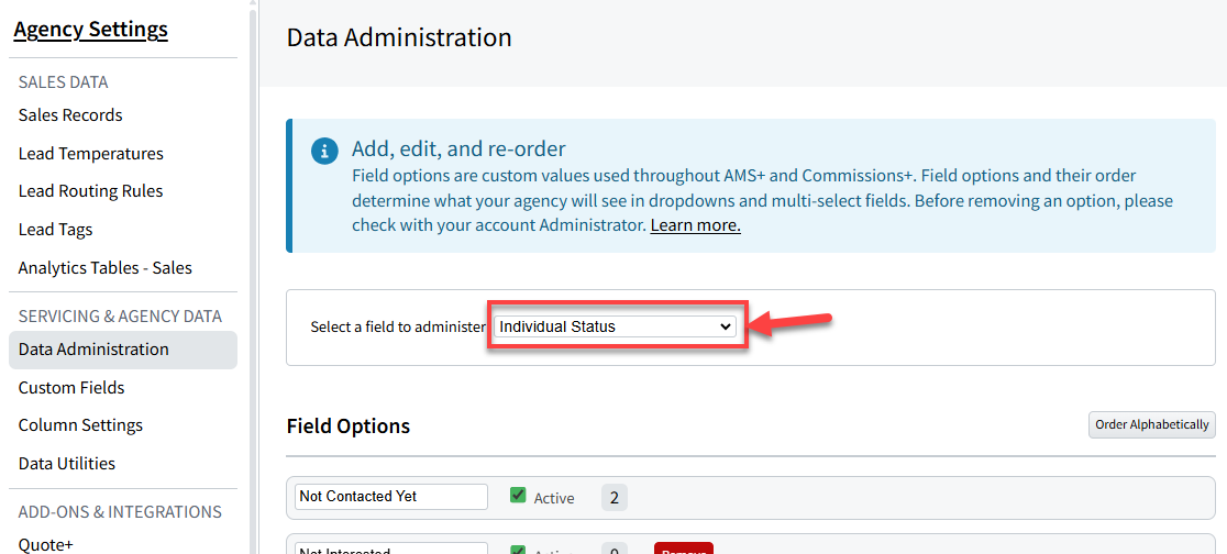 Screenshot showing how to navigate to Individual Status Options