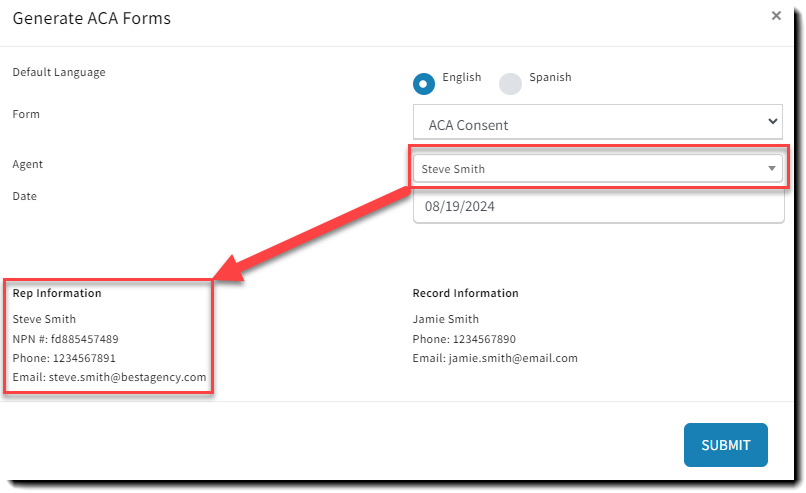 Screenshot showing how to verify the Agent's rep information in the Generate ACA Consent Form window